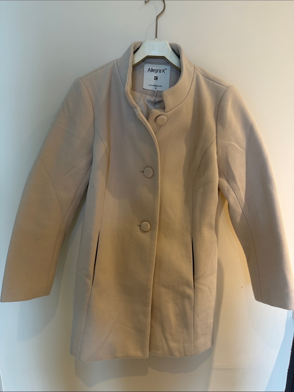 Allegra K Cream Stand-Neck Pea Coat